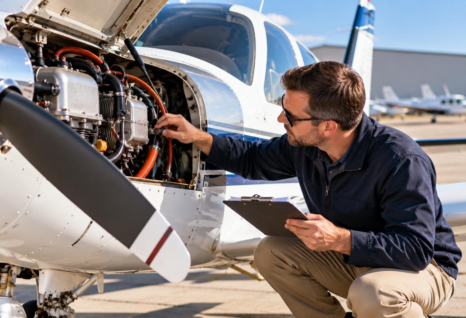 Aircraft mechanic performing a pre-buy inspection on a used single-engine airplane, checking the engine while holding a clipboard.