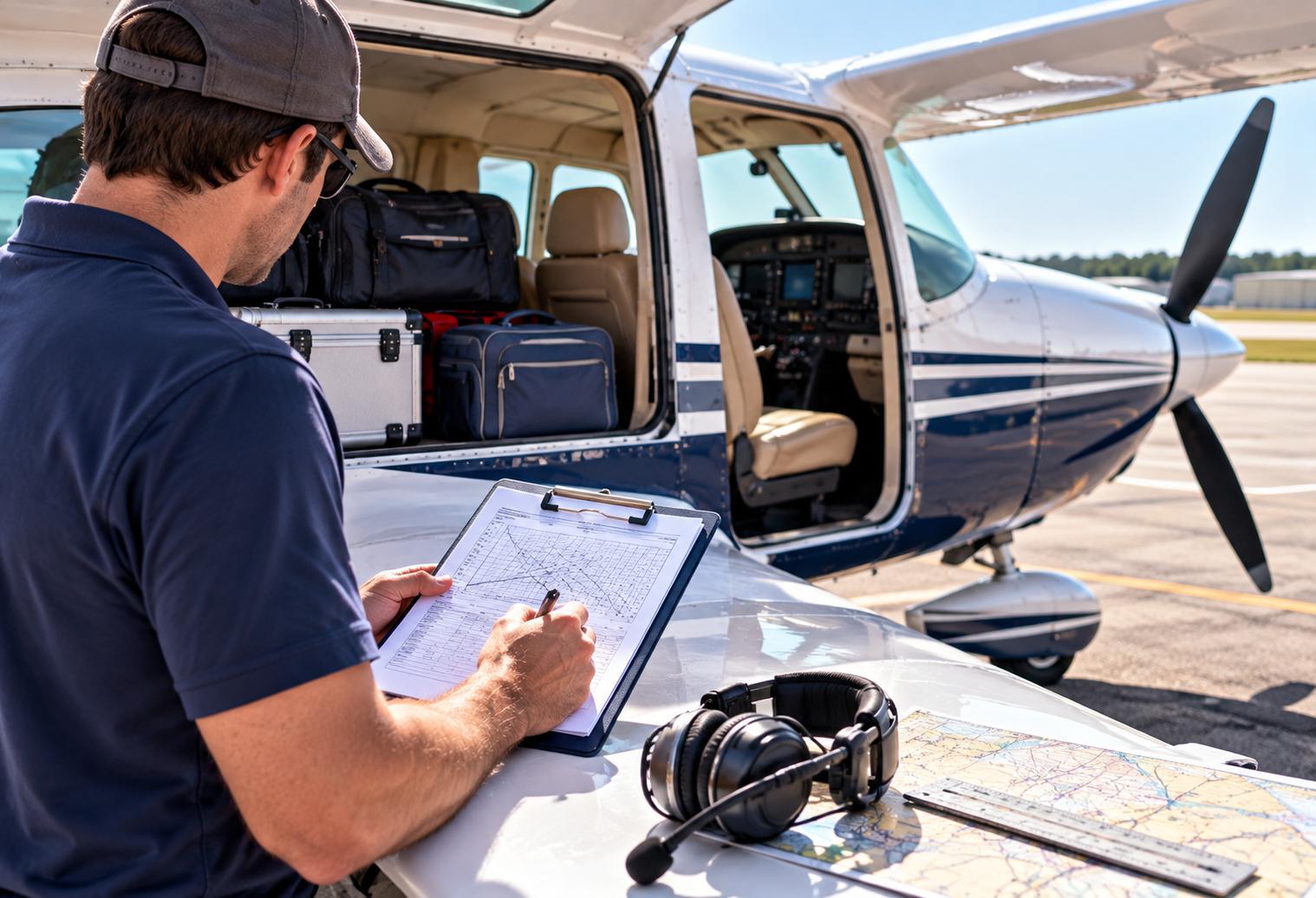 Pilot reviewing aircraft weight and balance calculations beside a loaded single-engine airplane before a safe flight.
